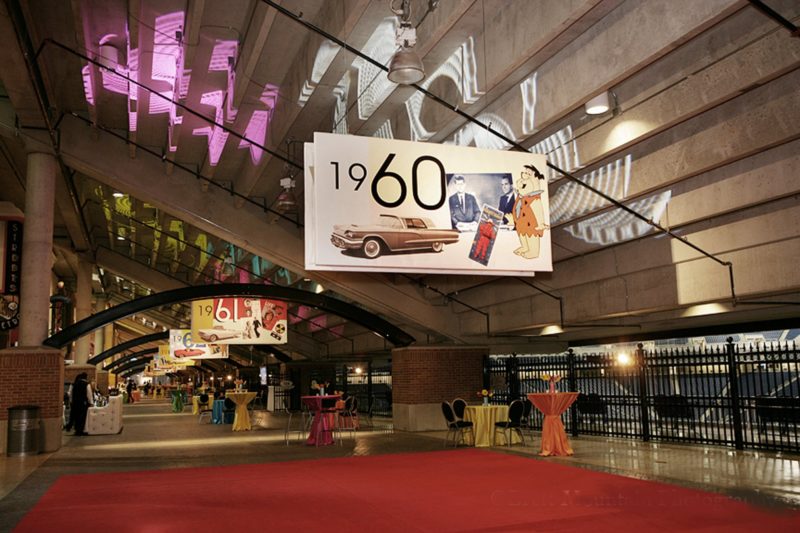 Graphic design for corporate events, 60s party at Ford Field