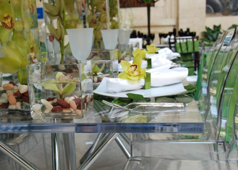 Dinnerware and glass tables for events at Detroit Institute of Arts