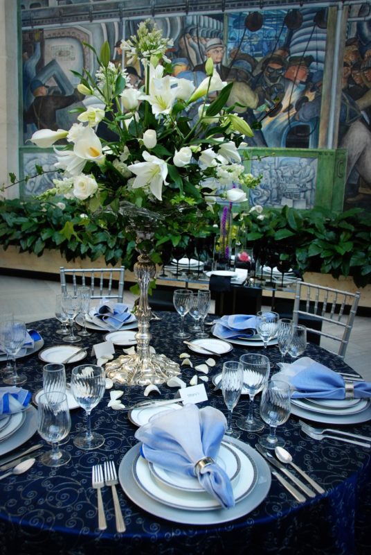 Round banquet tables and patterned tablecloth for event at Detroit Institute of Art