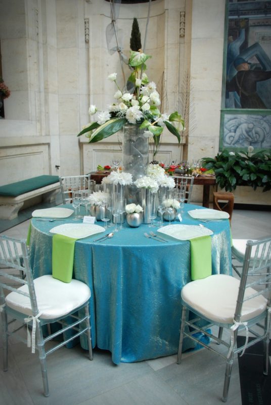 Blue linen banquet table for event at Detroit Institute of Arts