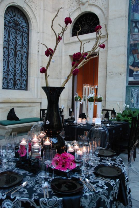 Tall table decor for event at Detroit Institute of Arts