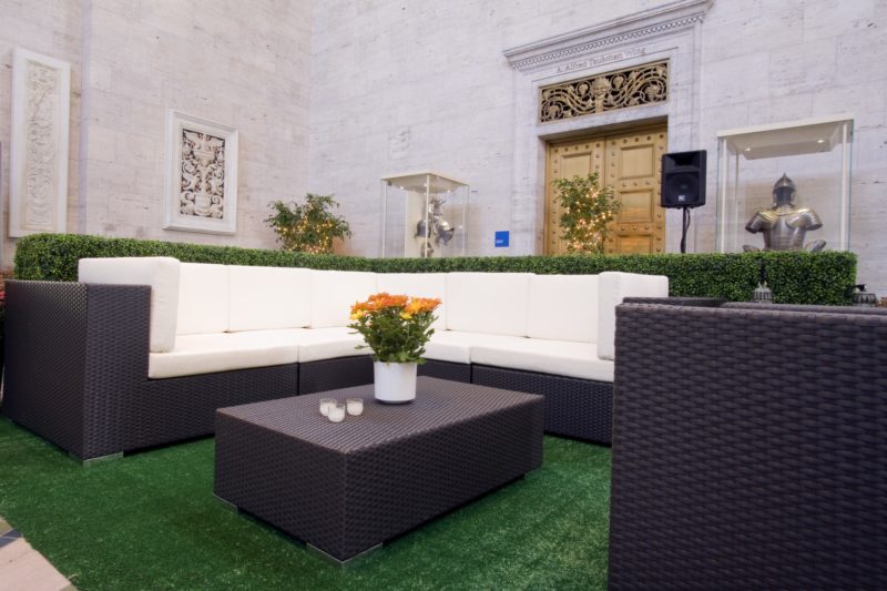 Couches and outdoor furniture for event at Detroit Institute of Arts