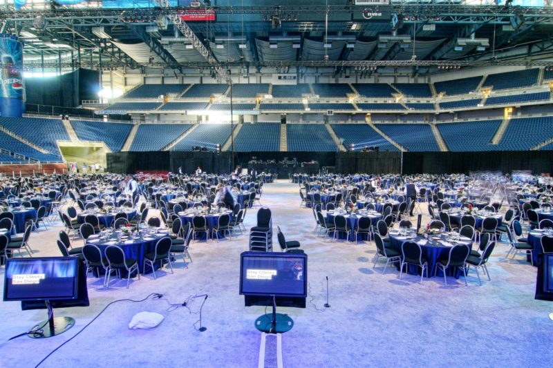 Stage setup for private events at Ford Field