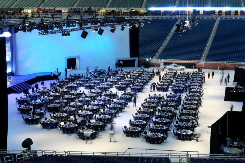 Banquet tables for events at Ford Field in Detroit