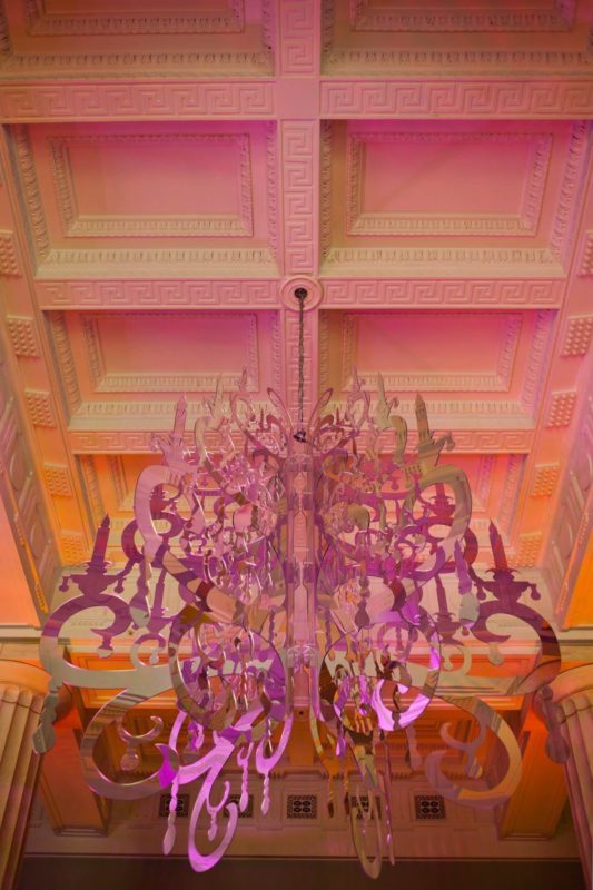 Pink painted chandelier for private event in Michigan
